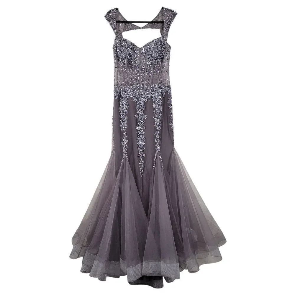 Jovani Beaded Illusion Sheer Corset Silver Smoky Gray Prom Dress Mermaid Formal